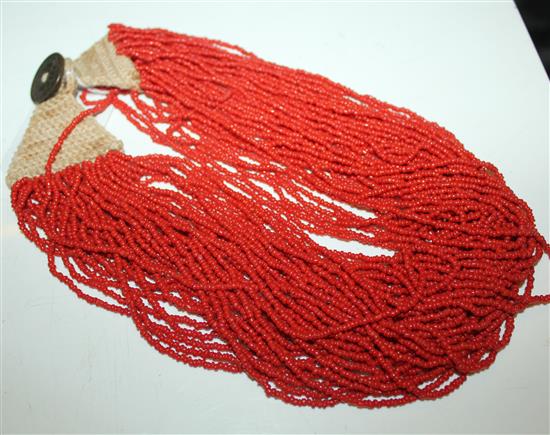 A mid 20th century Indian multi strand coral bead necklace, 19in.(-)